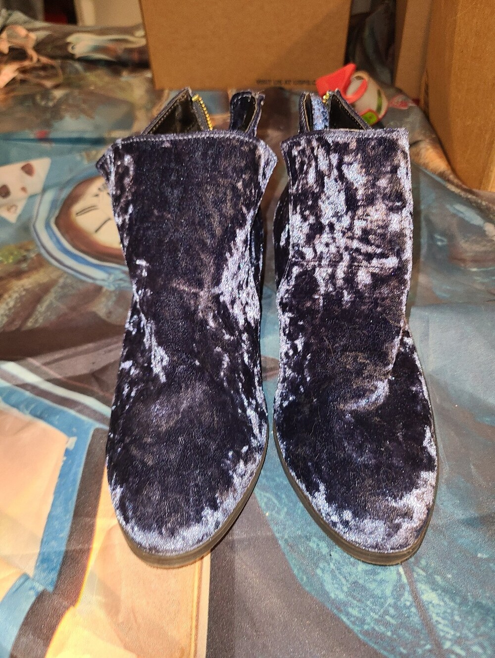 Blue Velvet Ankle Block Heel Boots